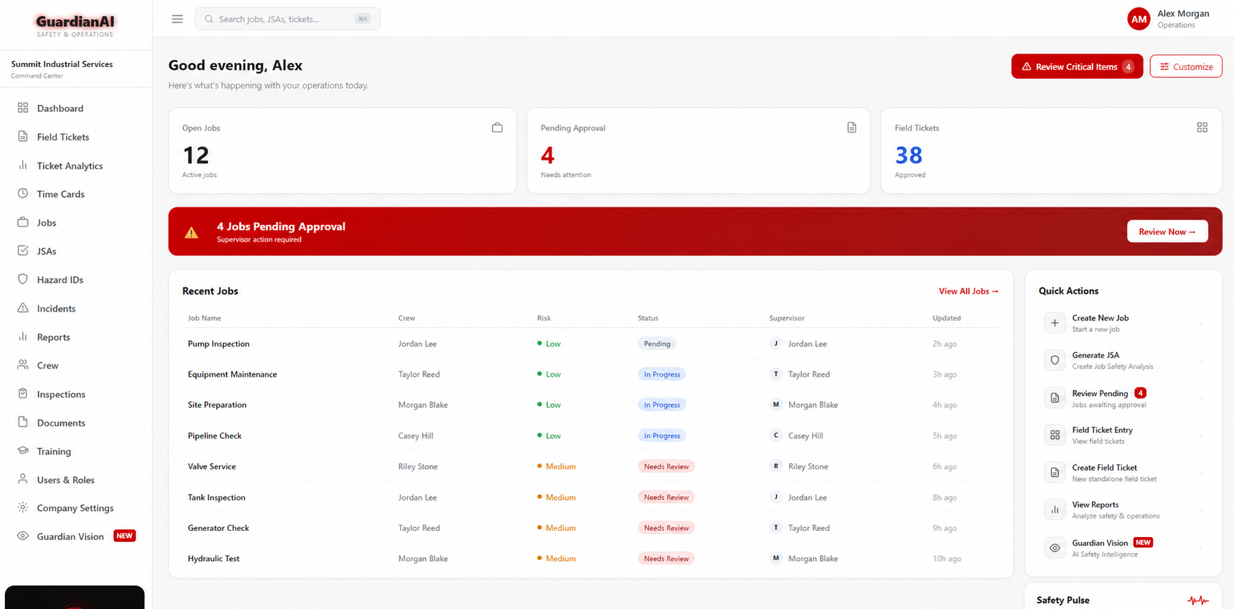 Guardian AI management dashboard with fictional demonstration data